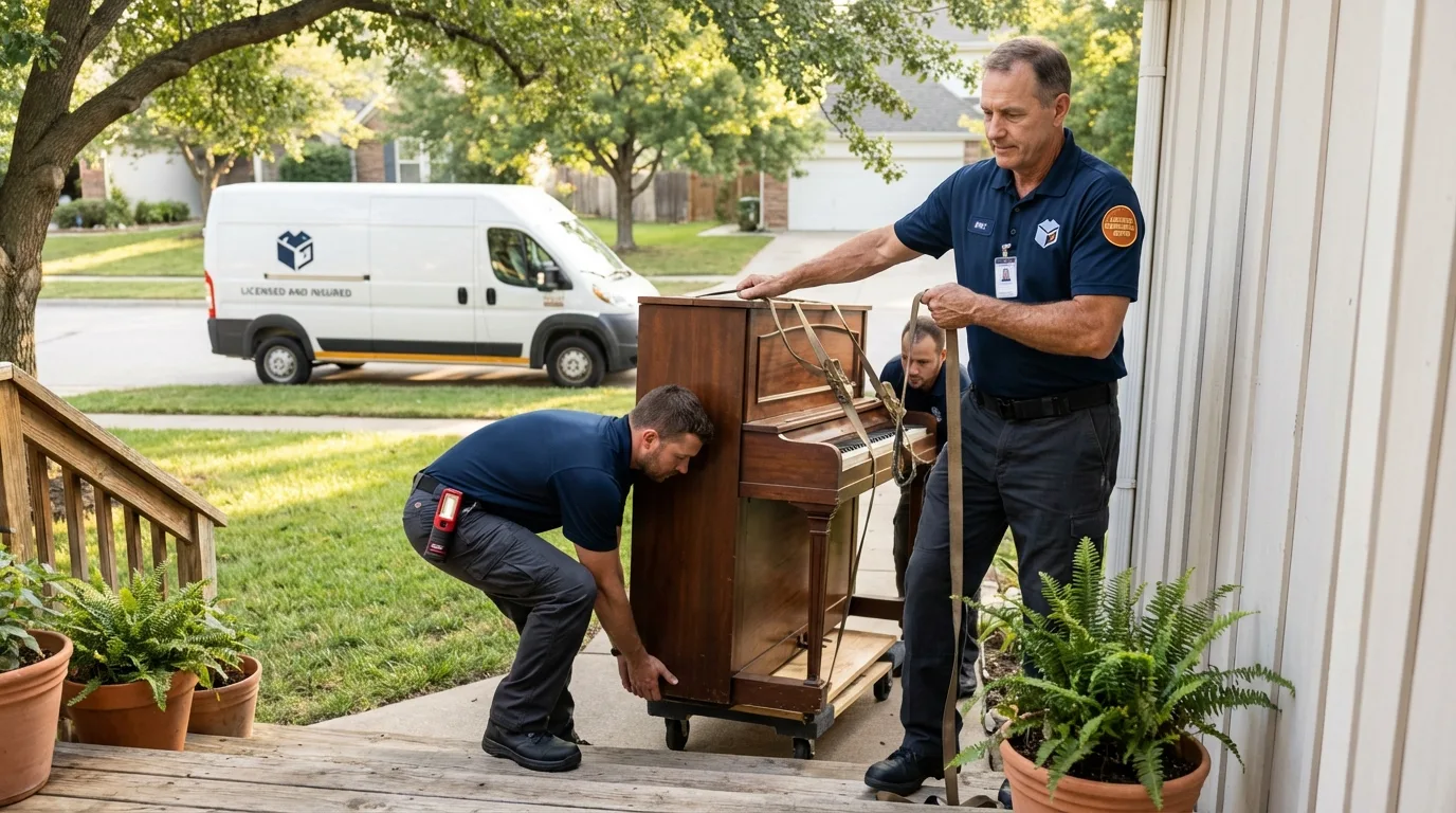 Licensed piano movers securing grand piano in Panama City Beach, FL