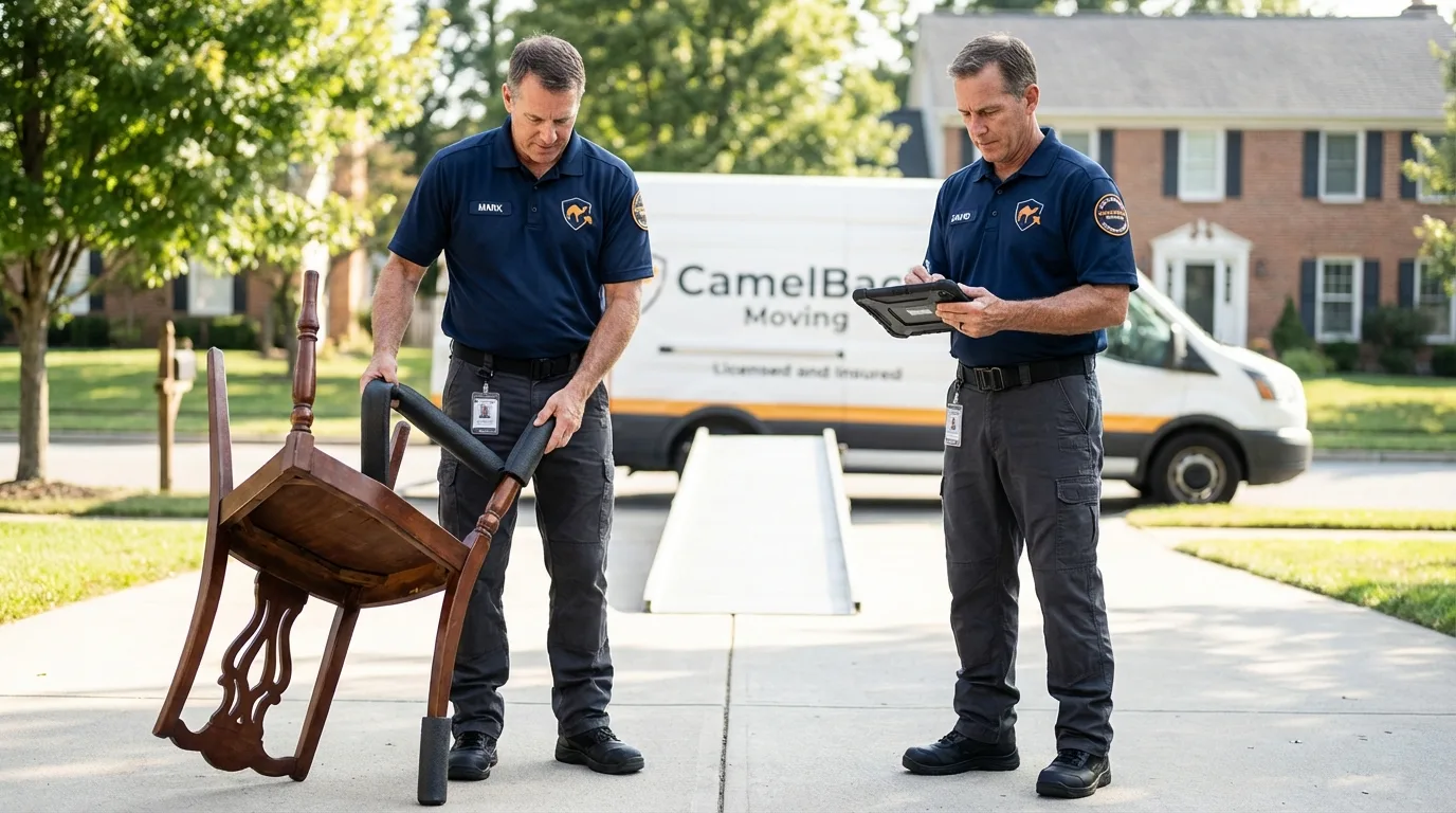 Movers inspecting furniture for damage prevention before loading in Panama City Beach, FL