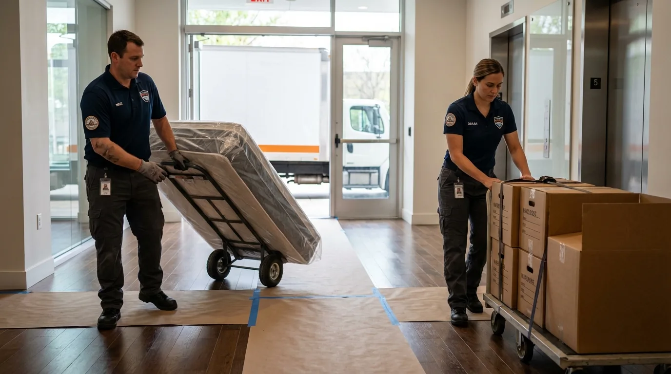 Professional apartment movers loading elevator in Panama City Beach, FL