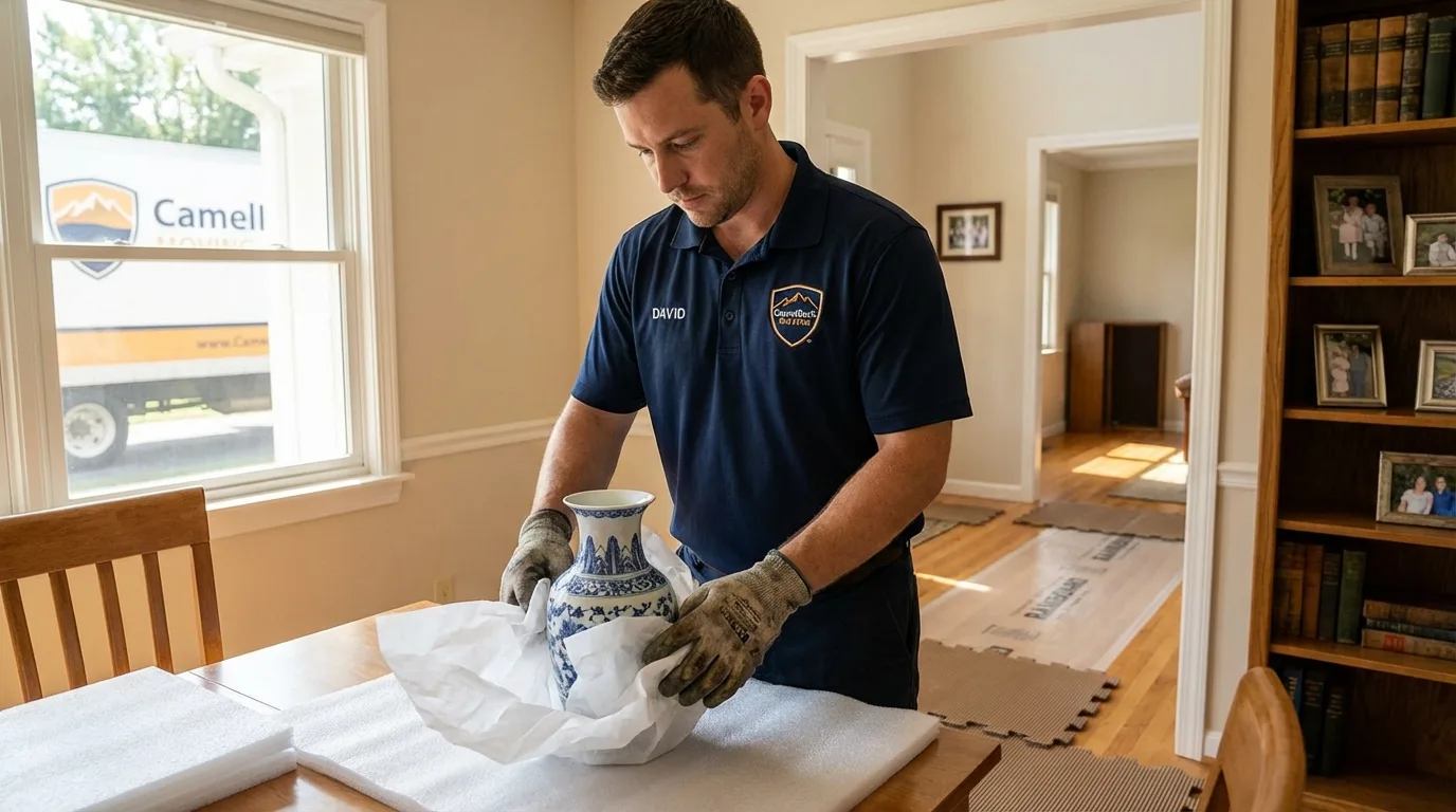 Professional crew carefully wrapping antique vase for senior downsizing move in Panama City Beach, FL